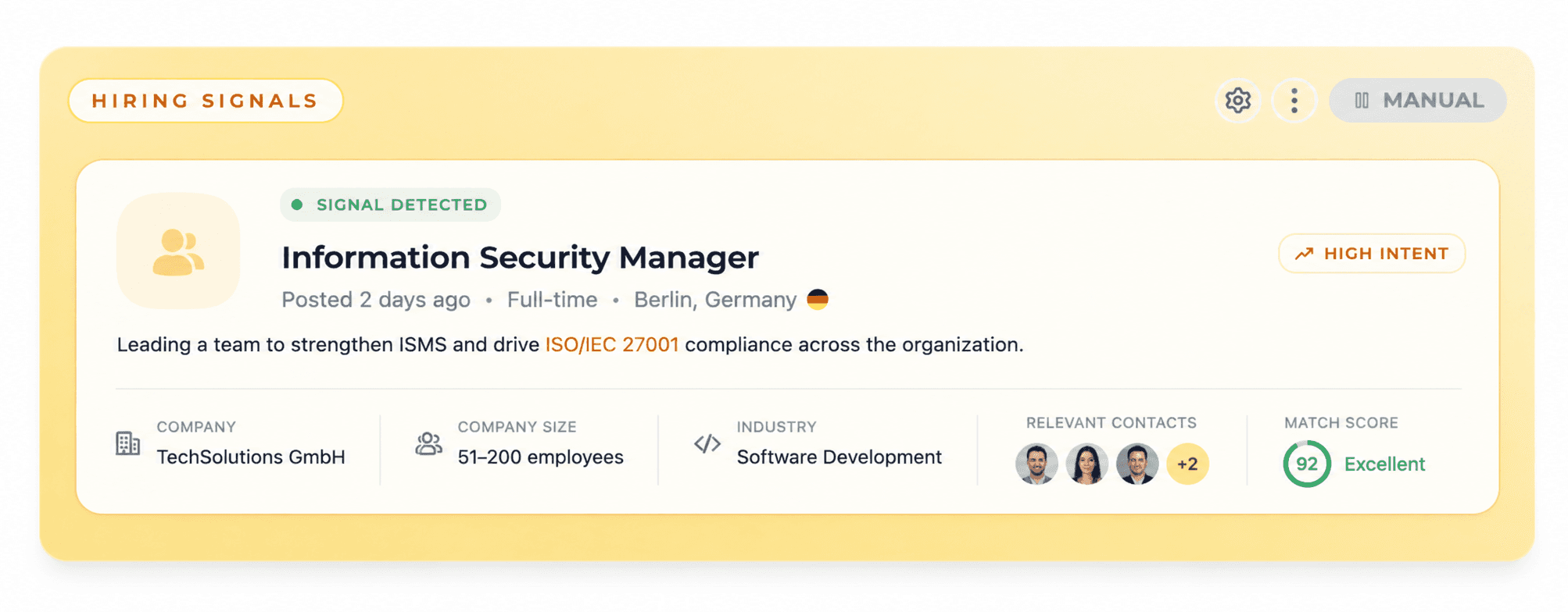 Karhuno AI card showing a hiring signal related to ISO 27001 readiness.