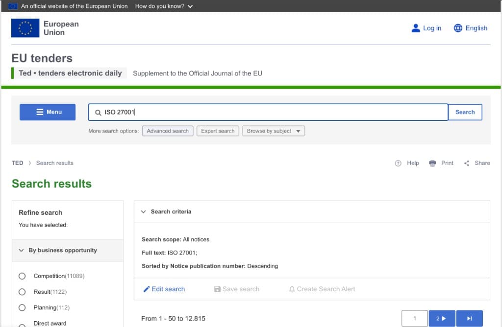 EU tender requirement matched with companies missing ISO 27001 certification.